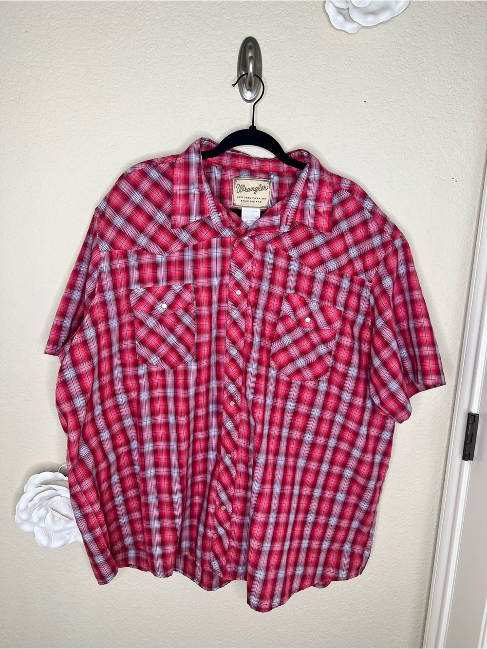 NTM: Wrangler Men’s 3XL Big Red Plaid Pearl Snap Western Shirt Short Sleeve
